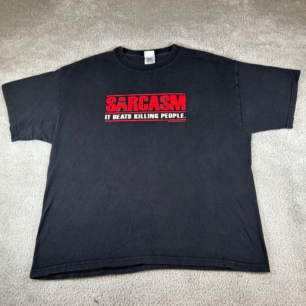 Vintage Y2K Graphic Tee Mens XL Black Sarcasm It Beats Killing People 2004 Humor